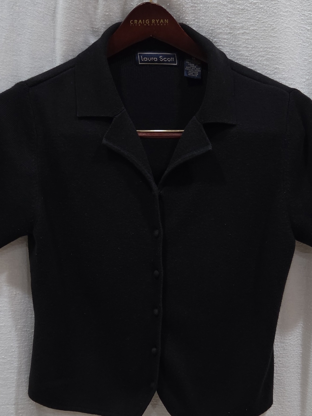 Laura Scott Women’s Black Solid Knit Button-Front Collared Blouse Short Sleeve M